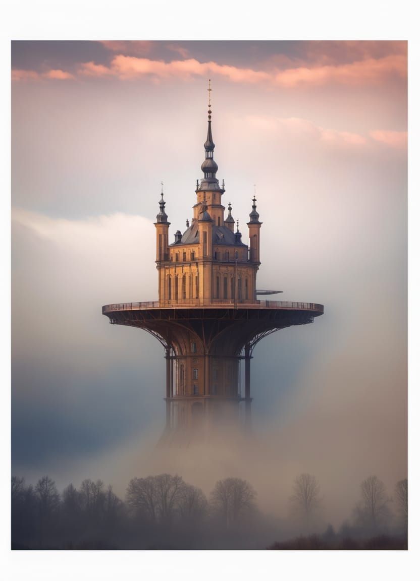a tower in the fog
