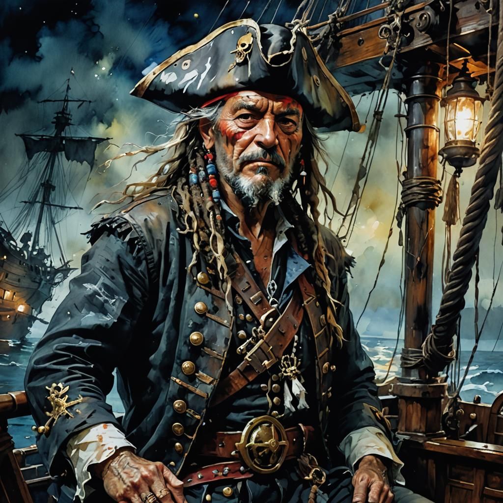 A grim old pirate captain on his ship  by @Daleone