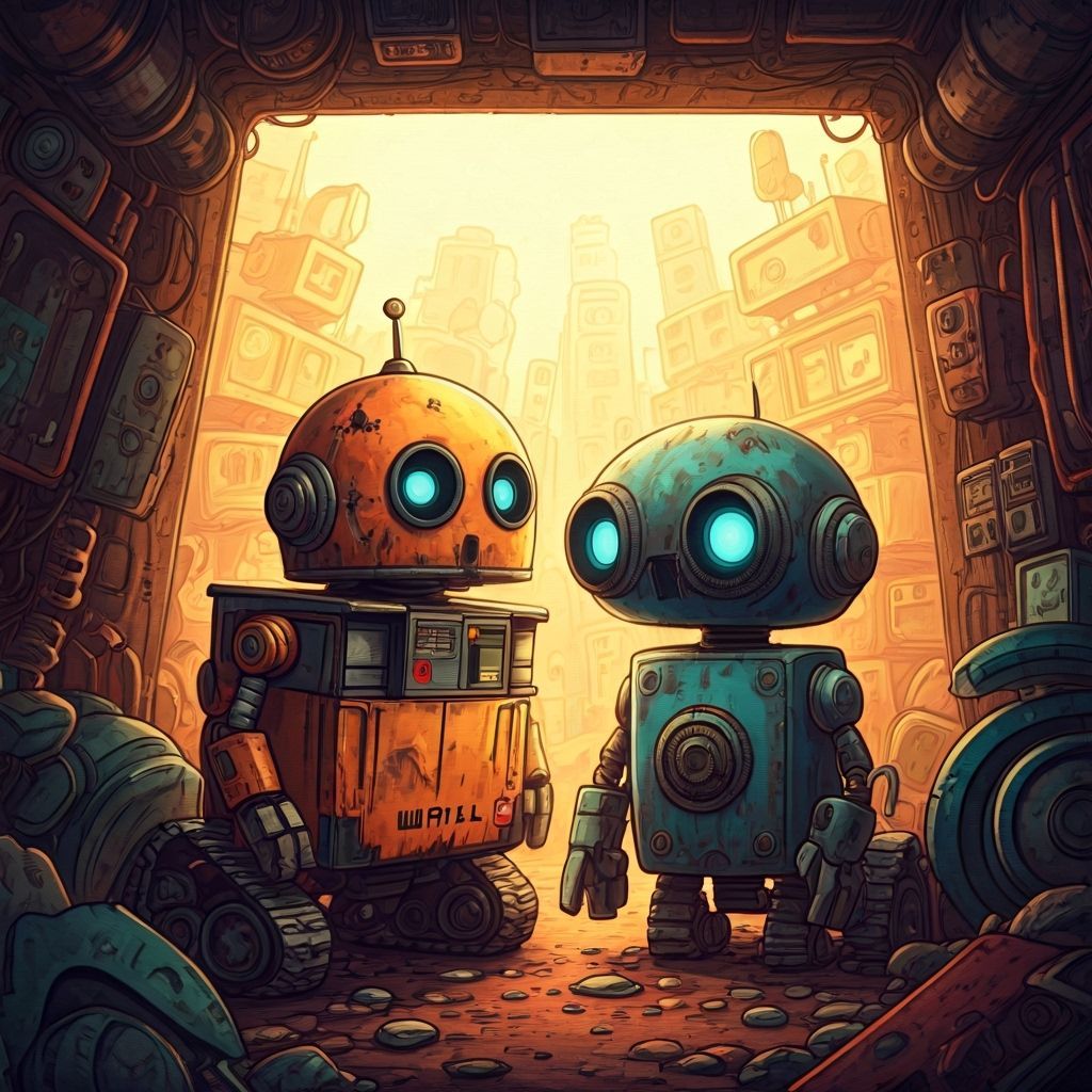 2D animation style inspired by WALL·E, featuring cute and slightly worn-out robots with big expressive eyes and rounded shapes. The scene sh...