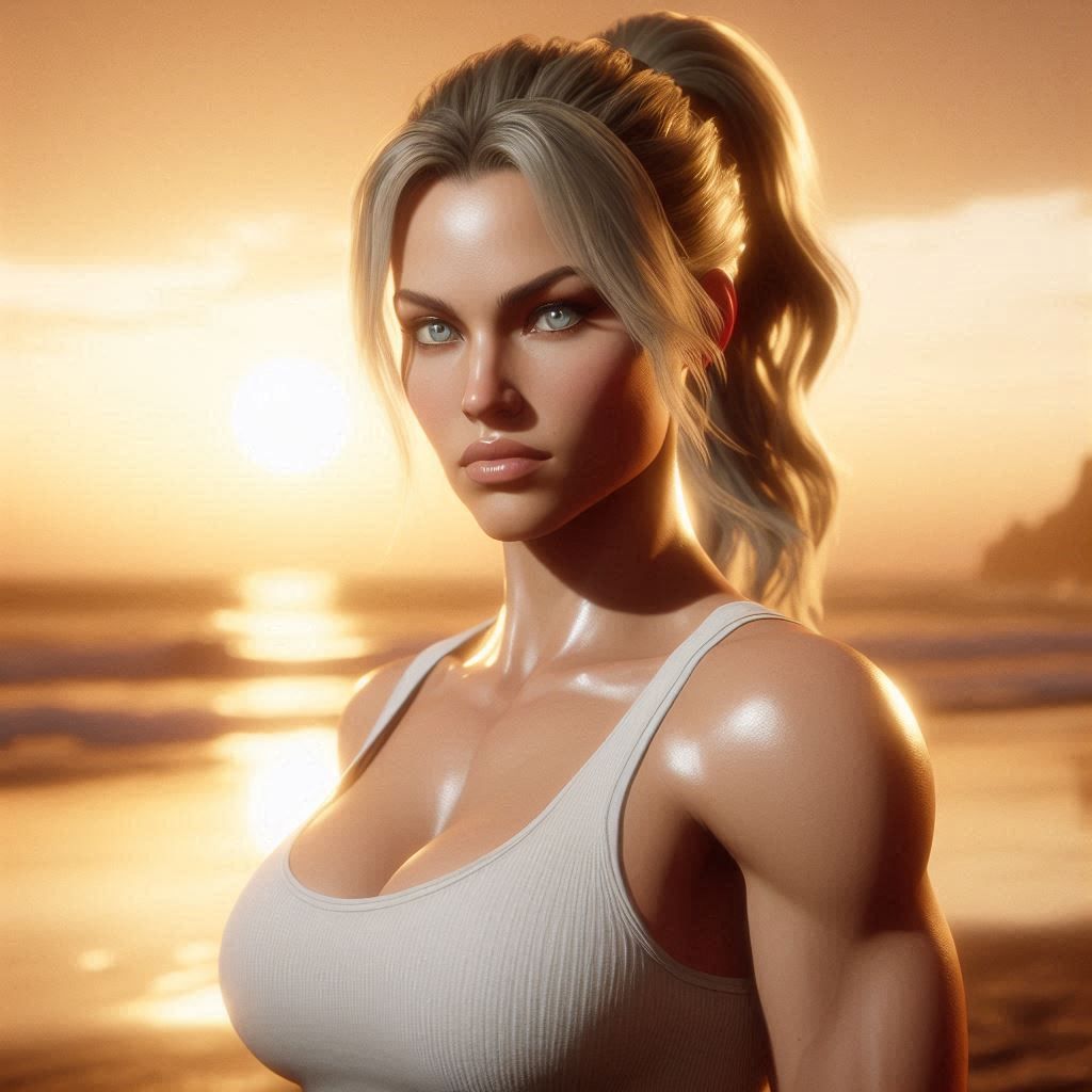 Sonya Blade at a beach in Los Angeles at sunset
