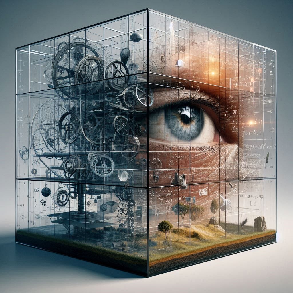 A massive glass cube filled with layered transparent planes,...