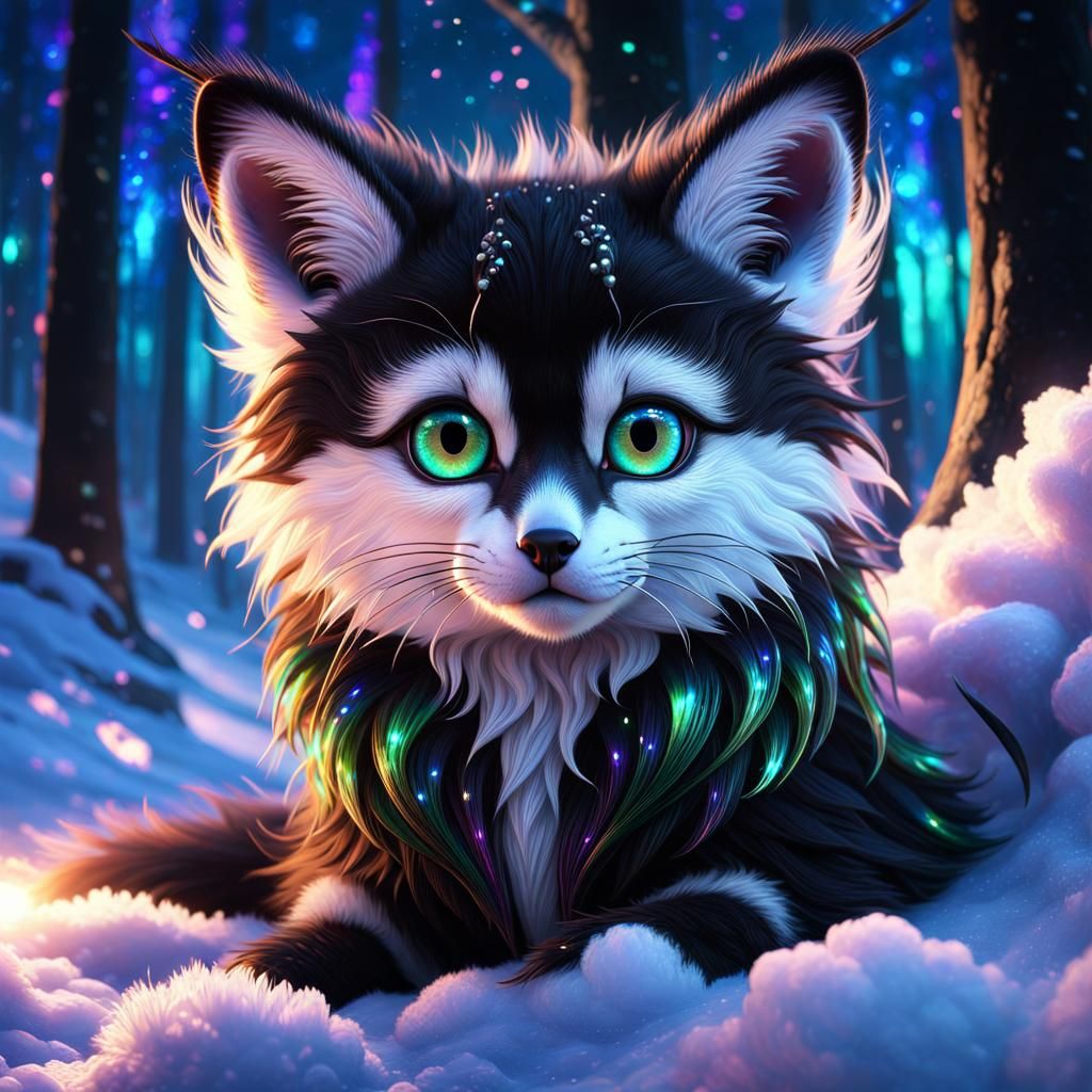 large sparking eyes, intricate iridescent oil slick colored fluffy fur, hyper-realistic   highly detailed, ...  by @SilverSeasons