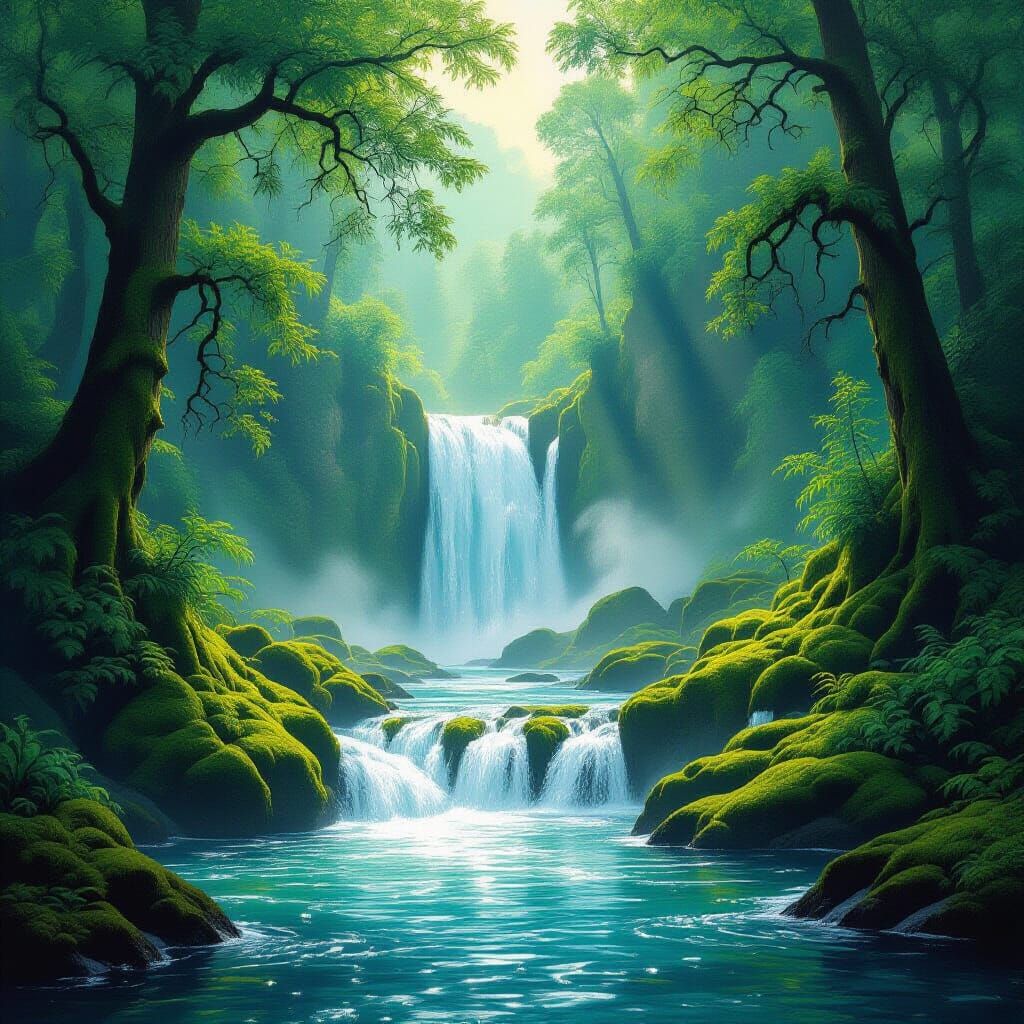 Majestic Waterfall in Lush Forest, Romanticism Style