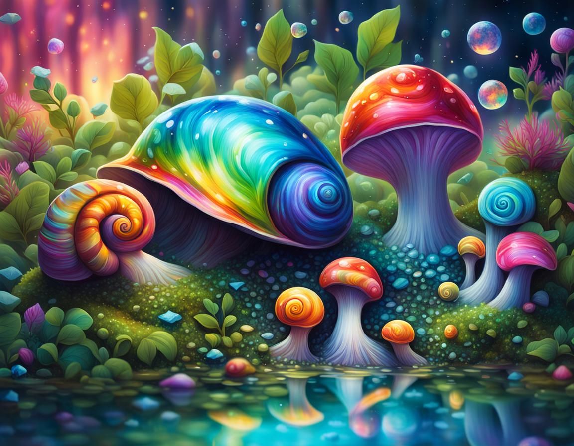 a serene ecosystem filled with miniature iridescent snails, ...