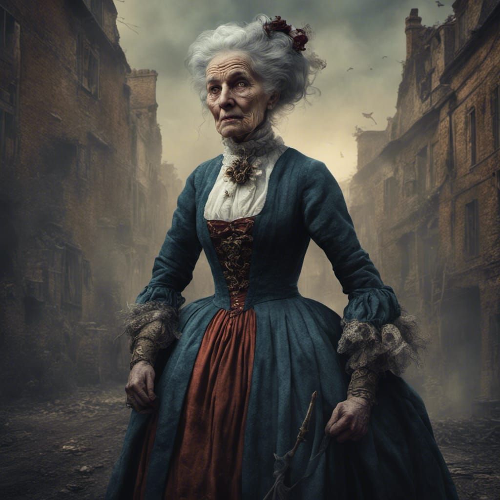 a scary elderly woman in 18th century clothing who looks lik...