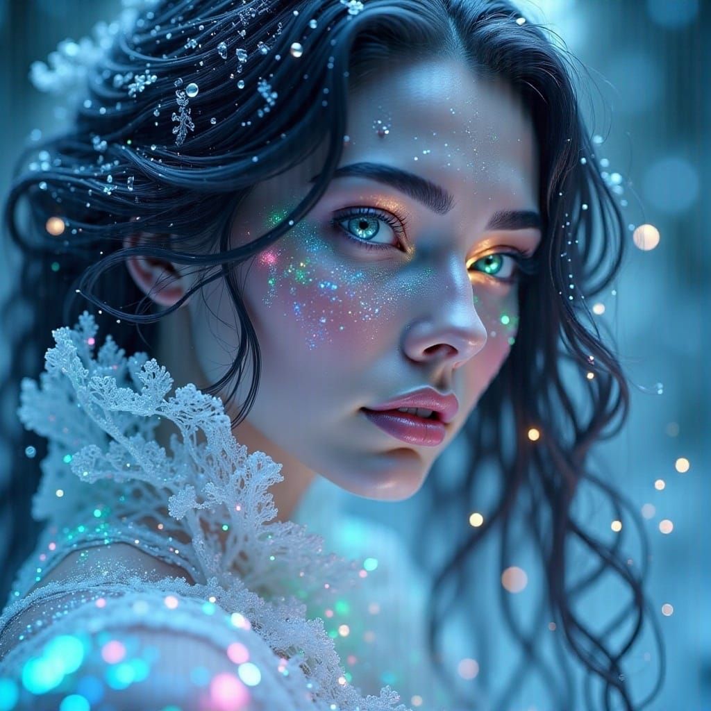 <lora:Eyvindr Fx:1.0>, Portraiture of ethereal frost snow-covered woman, auroral luminescence infused in delicate facial features, perfect s...