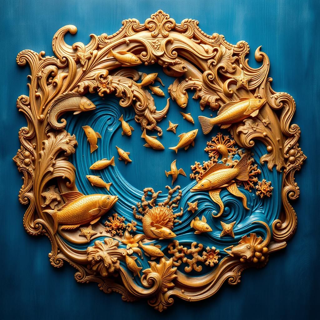 An ornate wooden panel depicting a swirling ocean with crash...