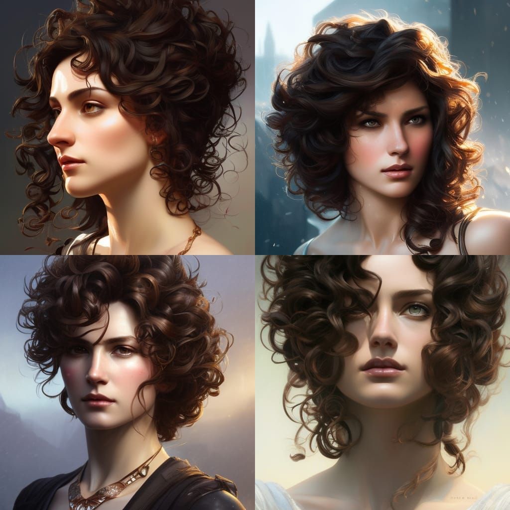 masculine woman with curly dark brown hair