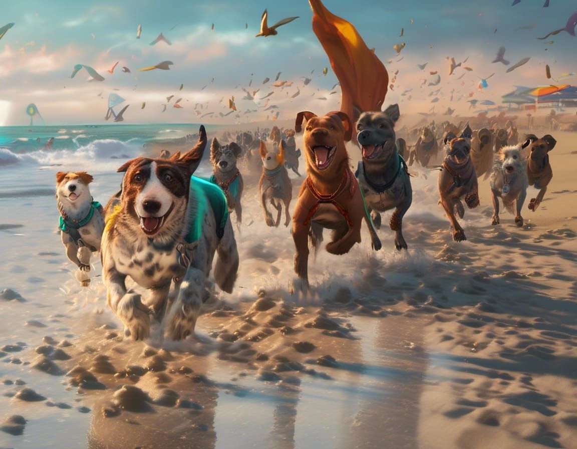 Hundreds of dogs running along a beach.

Scene is light by soft natural Light.

Orange yellow and teal. 
<lora:Altered reality:1.0> detailed...