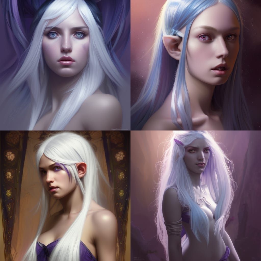 dark blue skin elf, long white hair, purple eyes, white chem...