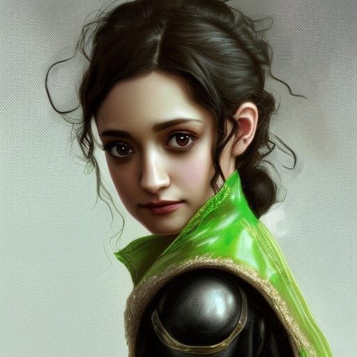 A young, cute Emmy Rossum, with black curly hair, grey eyes,...