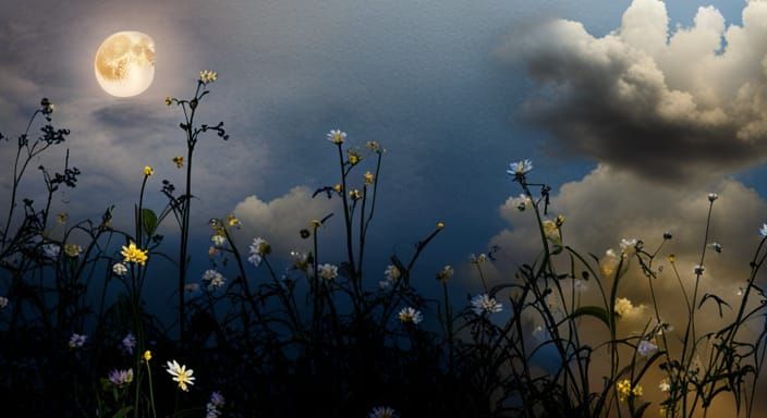 A transition to the full moon night with beatiful flowers