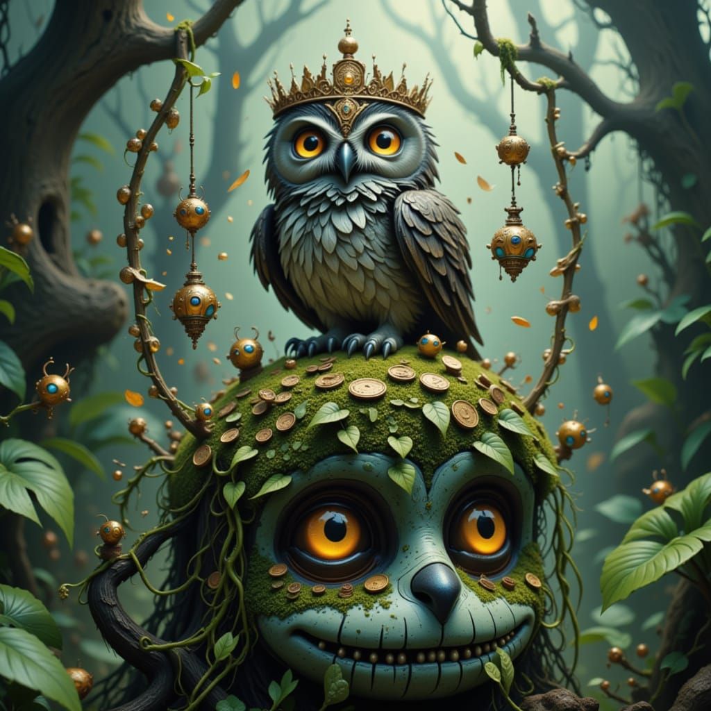 <lora:Shyvibes:1.0> An owl wearing a tiny, ornate crown made of vines and ancient coins, perched atop a crumbling, overgrown statue in the h...
