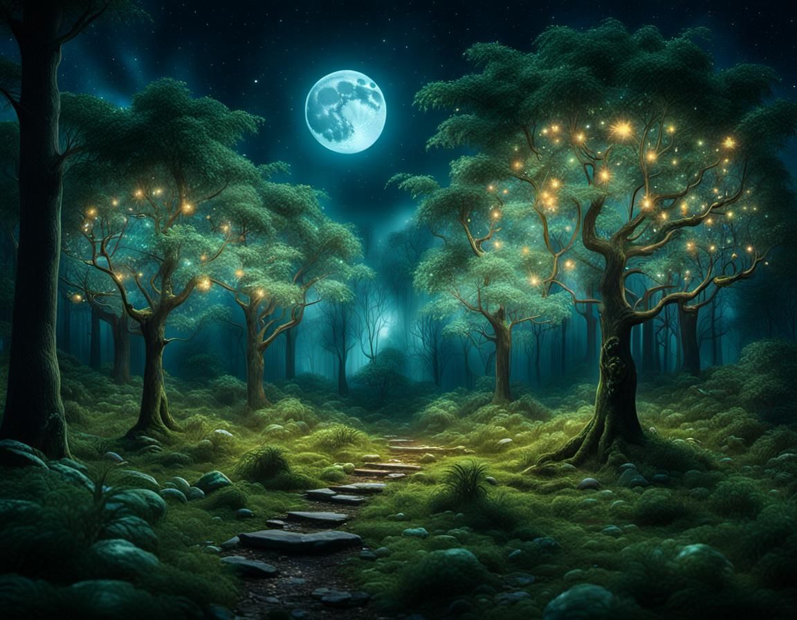 Crystal Forest at Night: A Magical Panoramic Scene