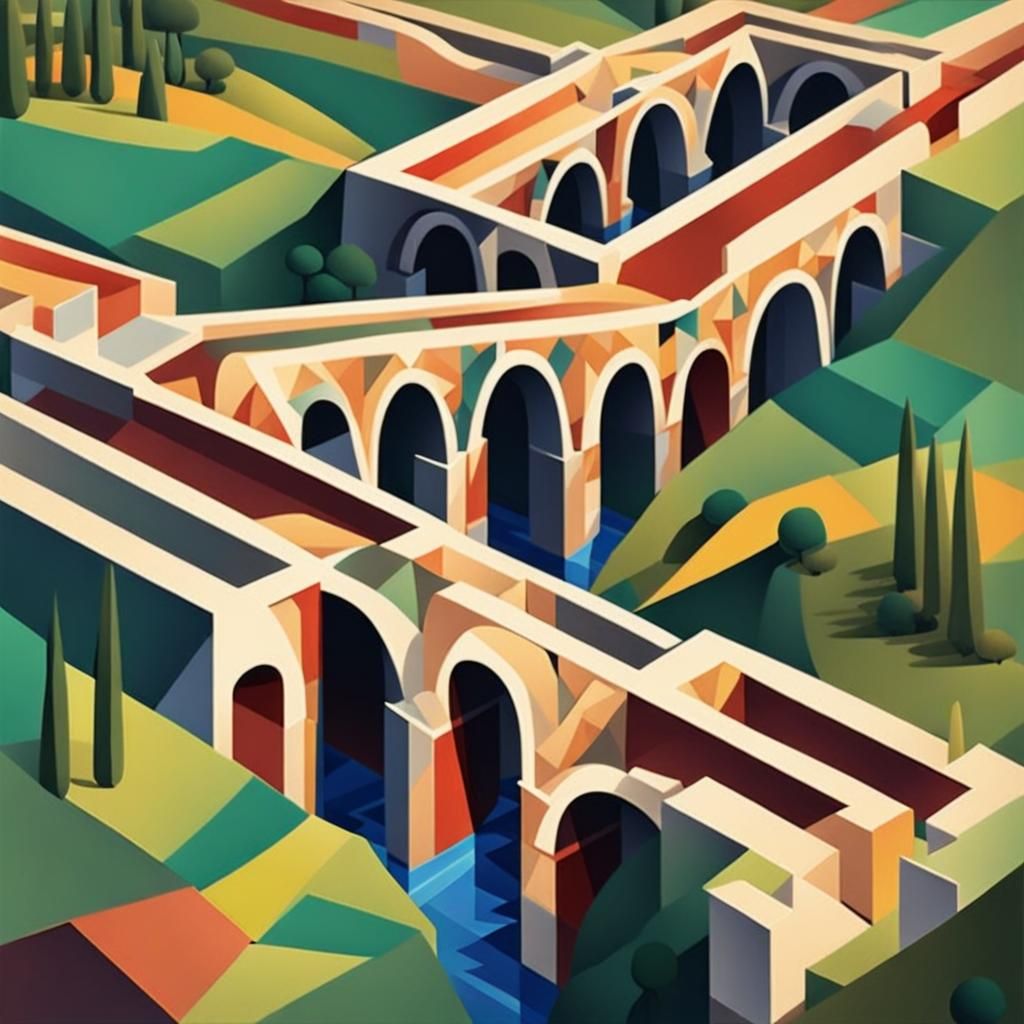 Poster art, stylised, very high angle view of an aqueduct cr...