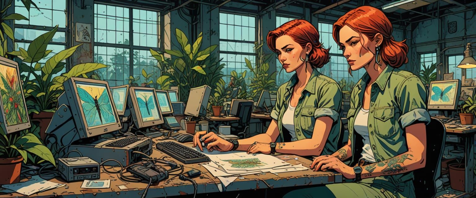 Codename: Dragonflies, a covert team of bad girl hackers, with futuristic look, beautiful, dangerous, dragonfly tattoo, computers, in the ab...