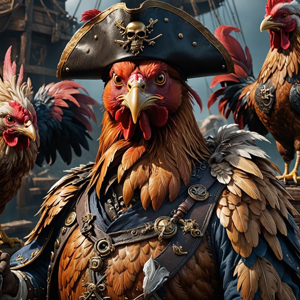 Hyperrealistic portrait chicken pirate