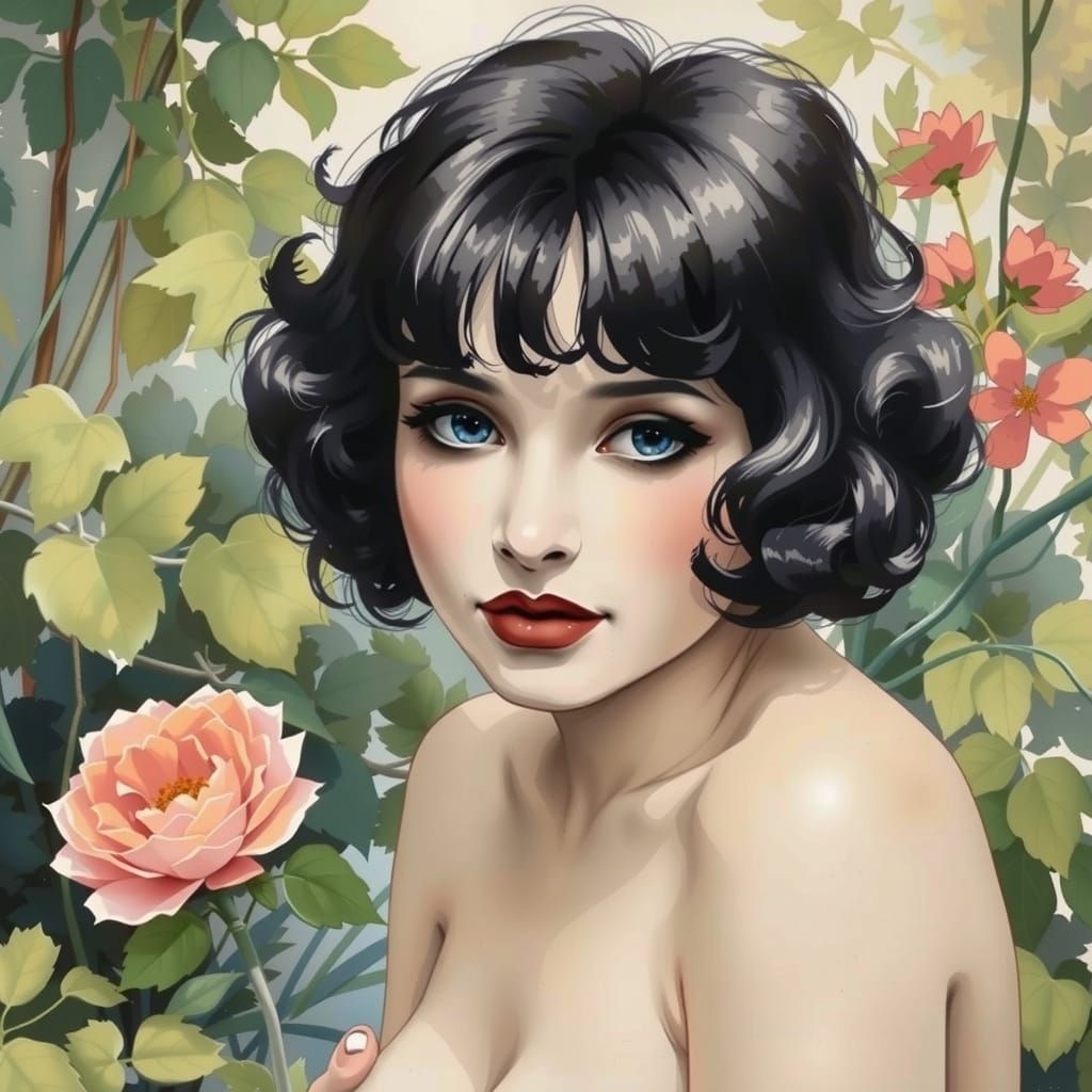 Serene Darkhaired Woman Strolls Through Lush Flower Garden