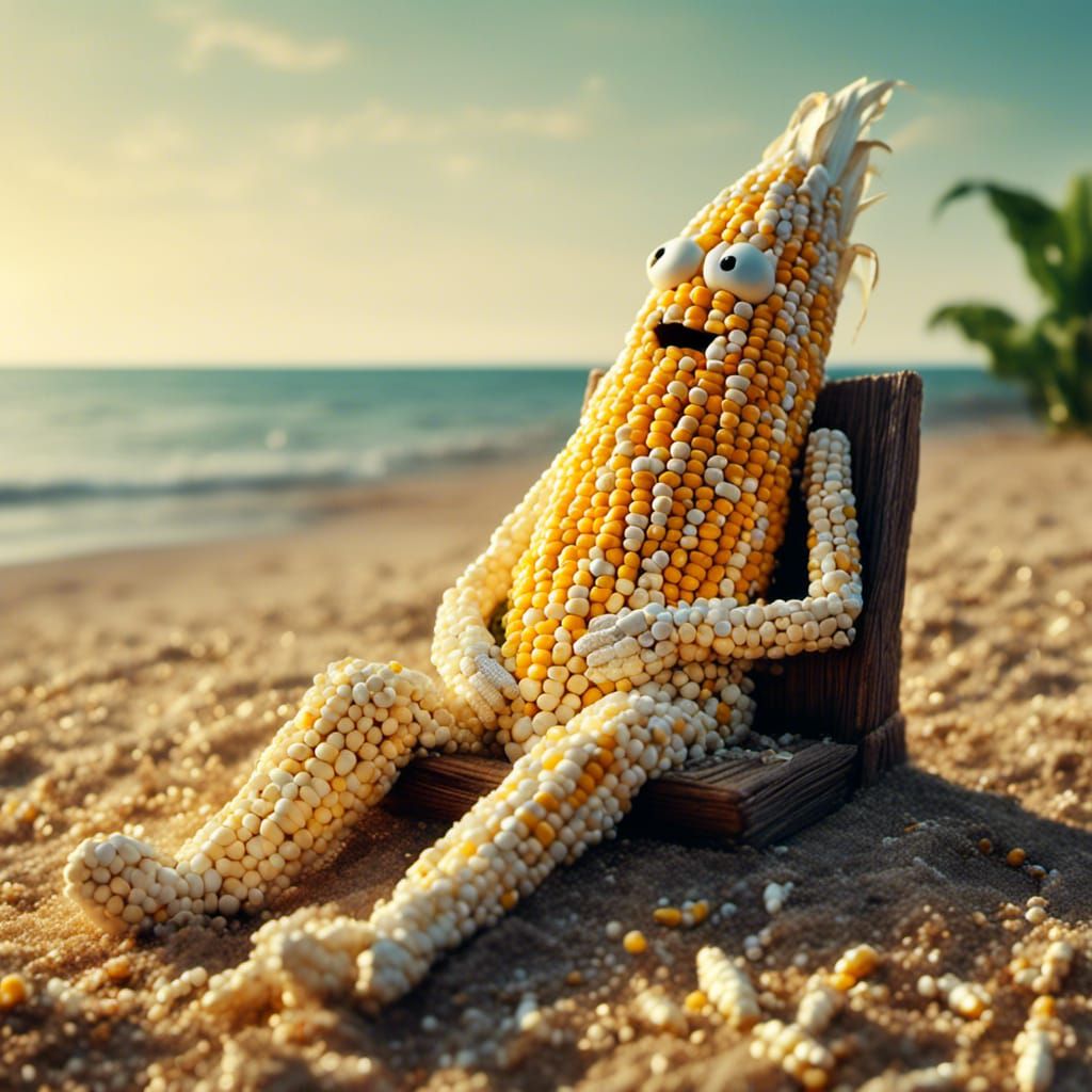 <lora:cornography:1.0> very lonely corn man is sitting on a beach