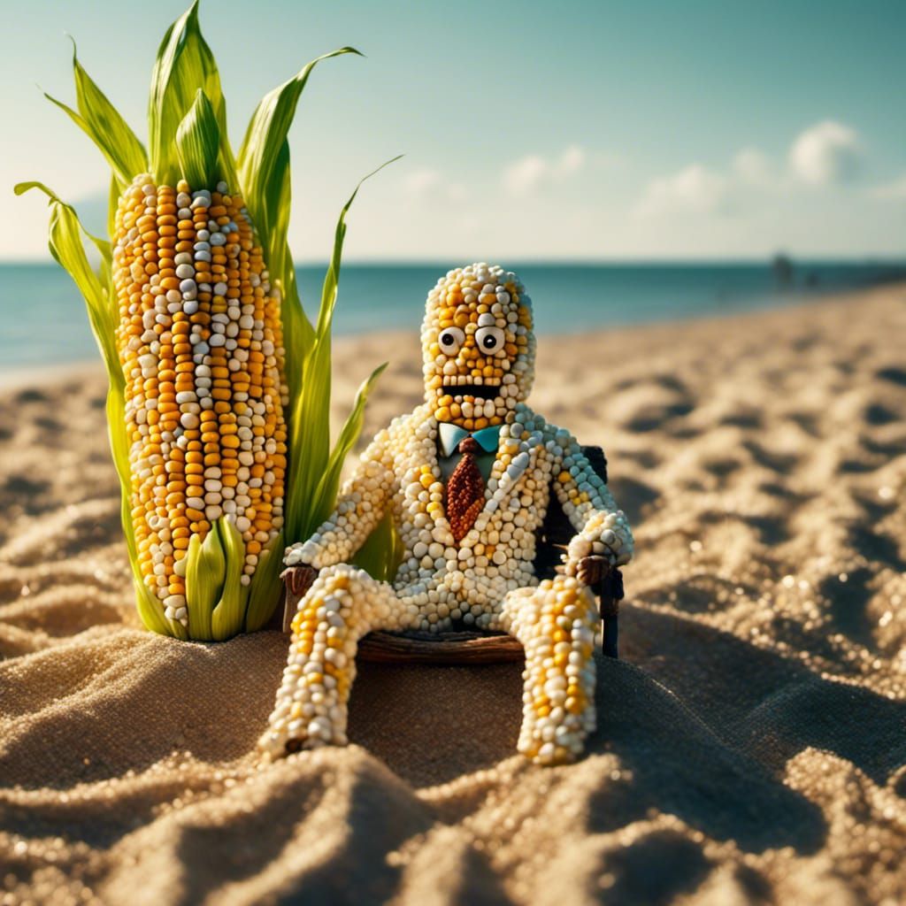 <lora:cornography:1.0> very lonely corn man is sitting on a beach