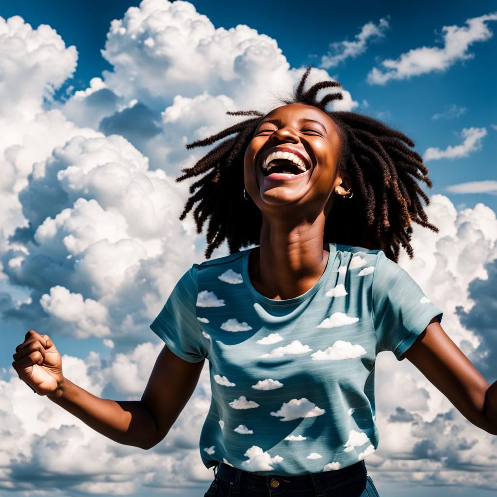 young black girl laughing at the clouds.  by @Carol
