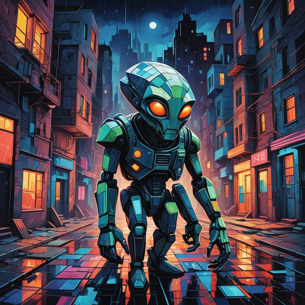 classic alien creepily lurking in an abandoned town at night