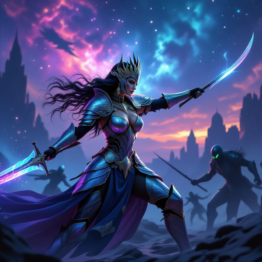 An action-packed fantasy scene featuring a warrior queen in a battle-ready pose, her armor intricately designed to resemble segmented, iride...