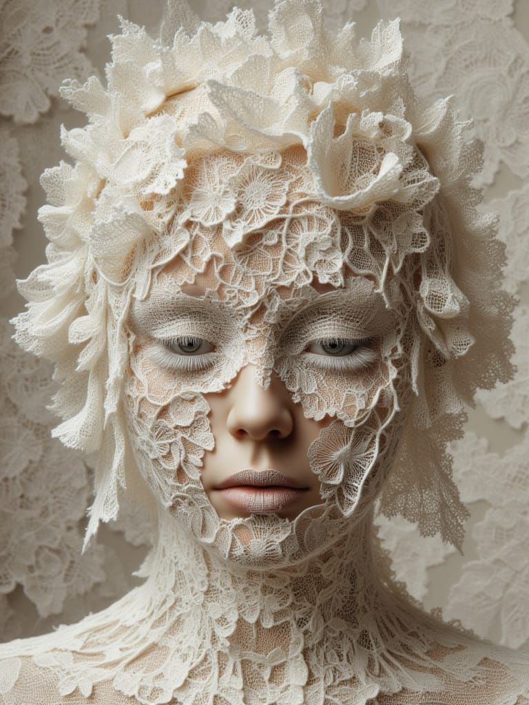<lora:kak-lacemadness:1.0>Illustration of a lace collage, covered heads in lace