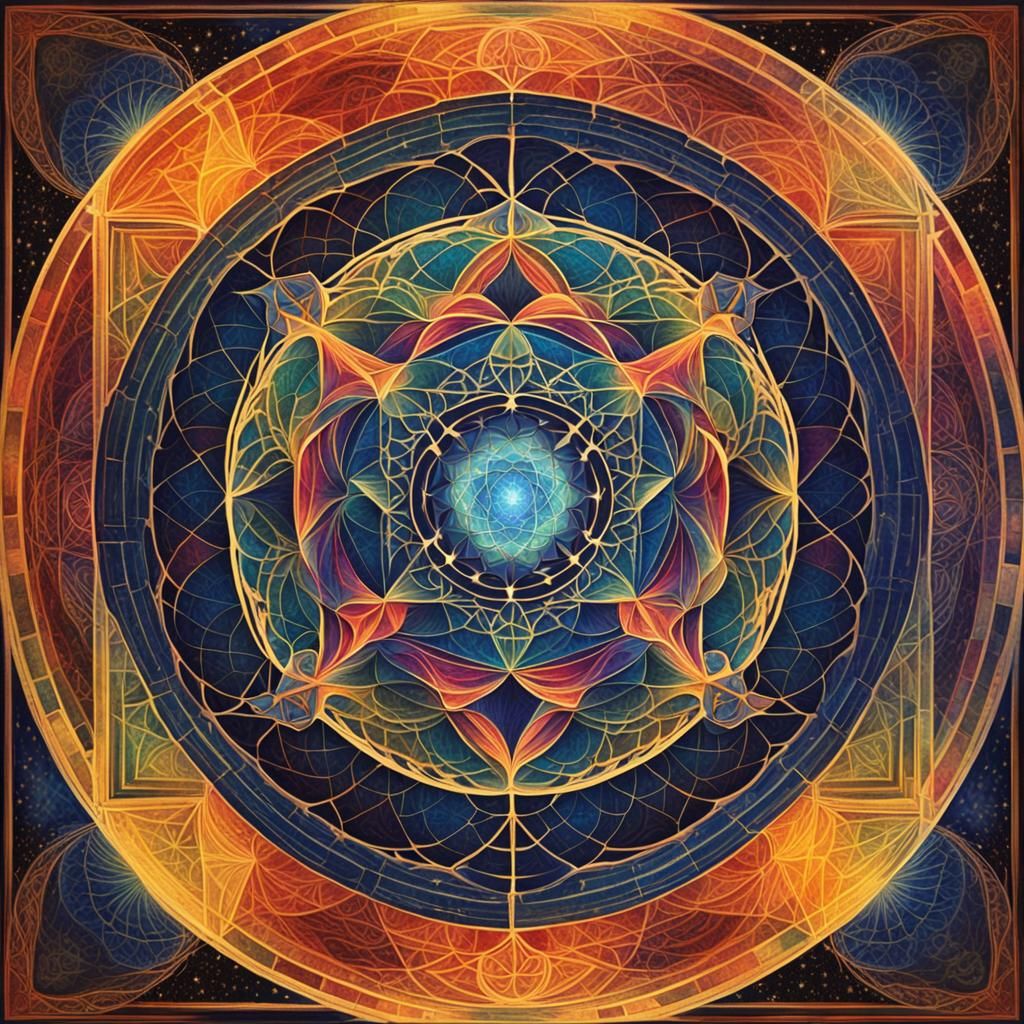 sacred geometry, symmetrical, geometric, using colors and compositions to enhance the mysterious and ...  by @Laevos