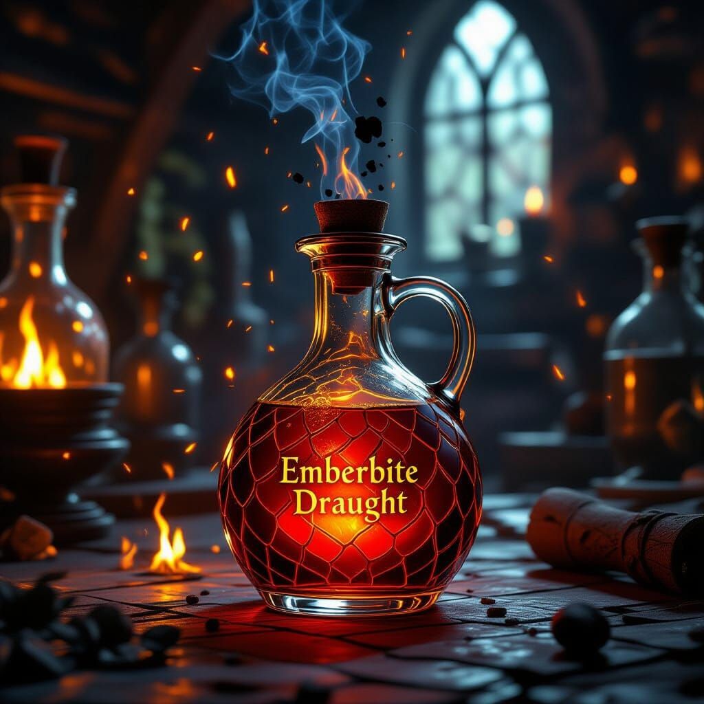 Fiery red-gold potion, Emberbite Draught, black sparks rising from liquid, warm glowing bottle with dragon-scale texture, flames reflected i...
