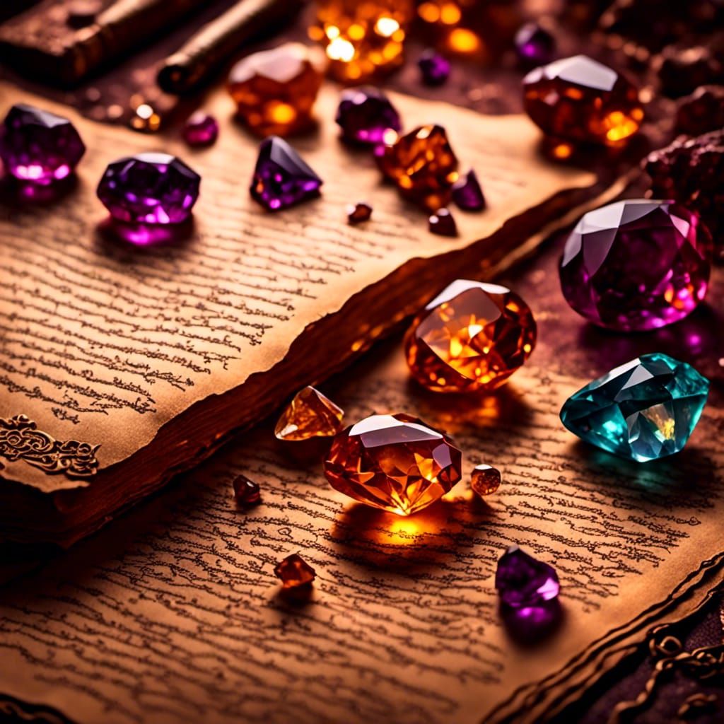 "Magical Gems" <lora:Magic Docs:1.0> journal page with a cha...