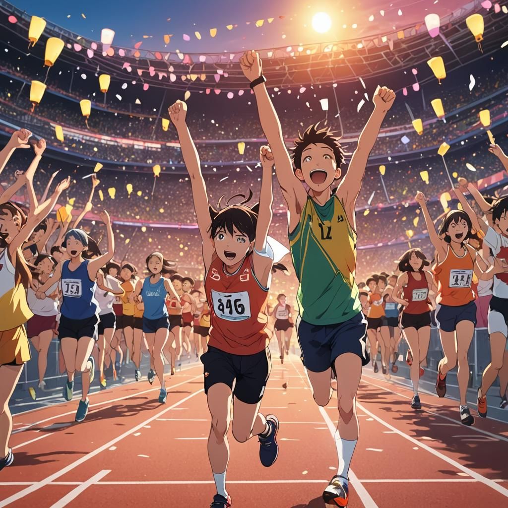 Triumphant Track Athlete in Vibrant Anime Style