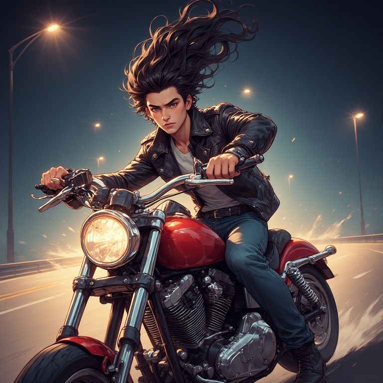 Handsome young man with long black hair blowing behind his h...