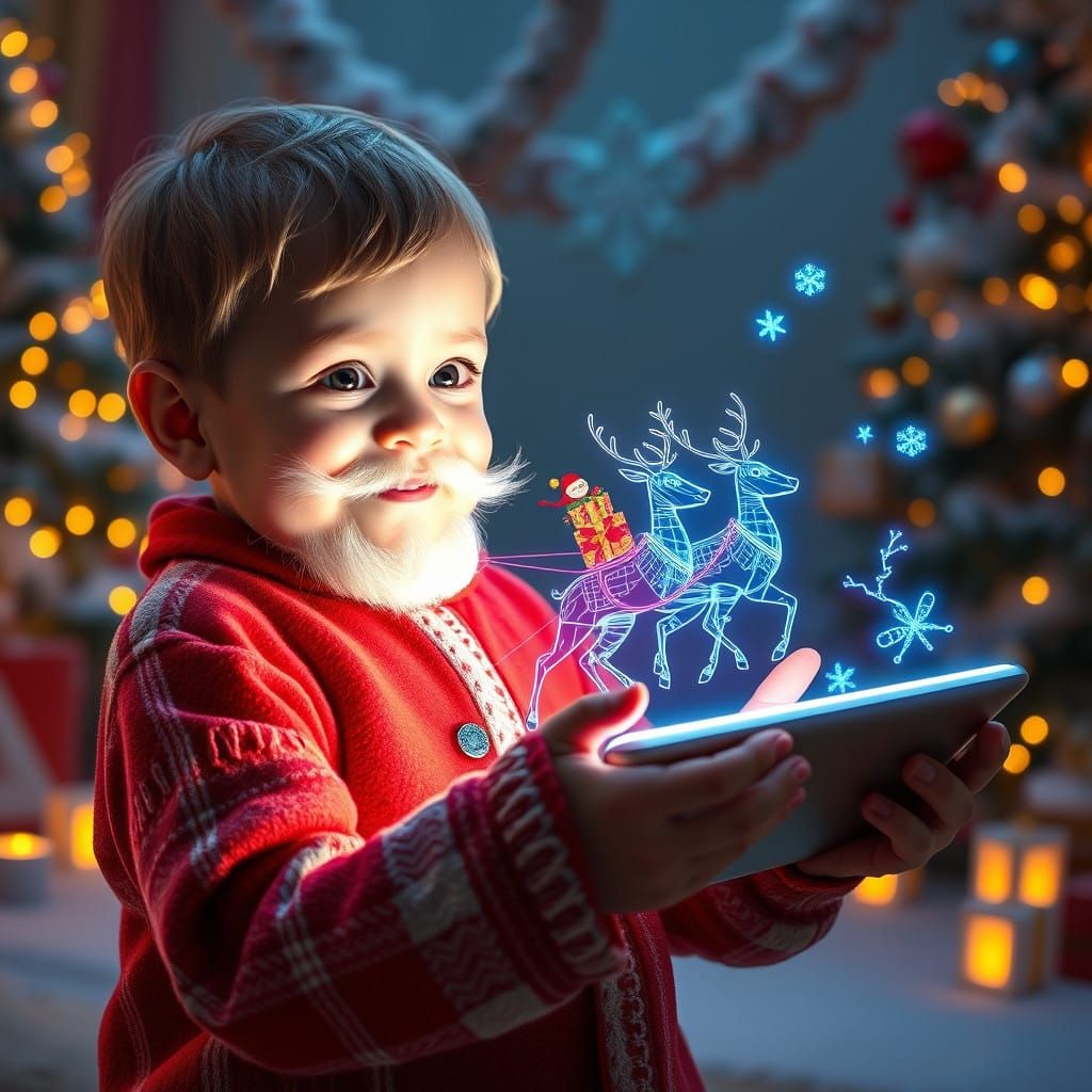 Child Interacts with Holographic Christmas Scene in Futurist...