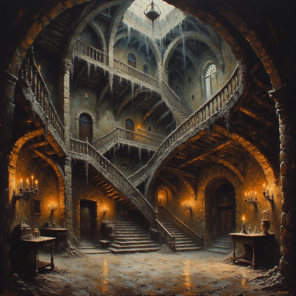Palazzo sottoterra con scalinate e balaustre. <lora:Haunted and Tainted:1.0> volumetric lighting intricately detailed tetradic colors sharp ...