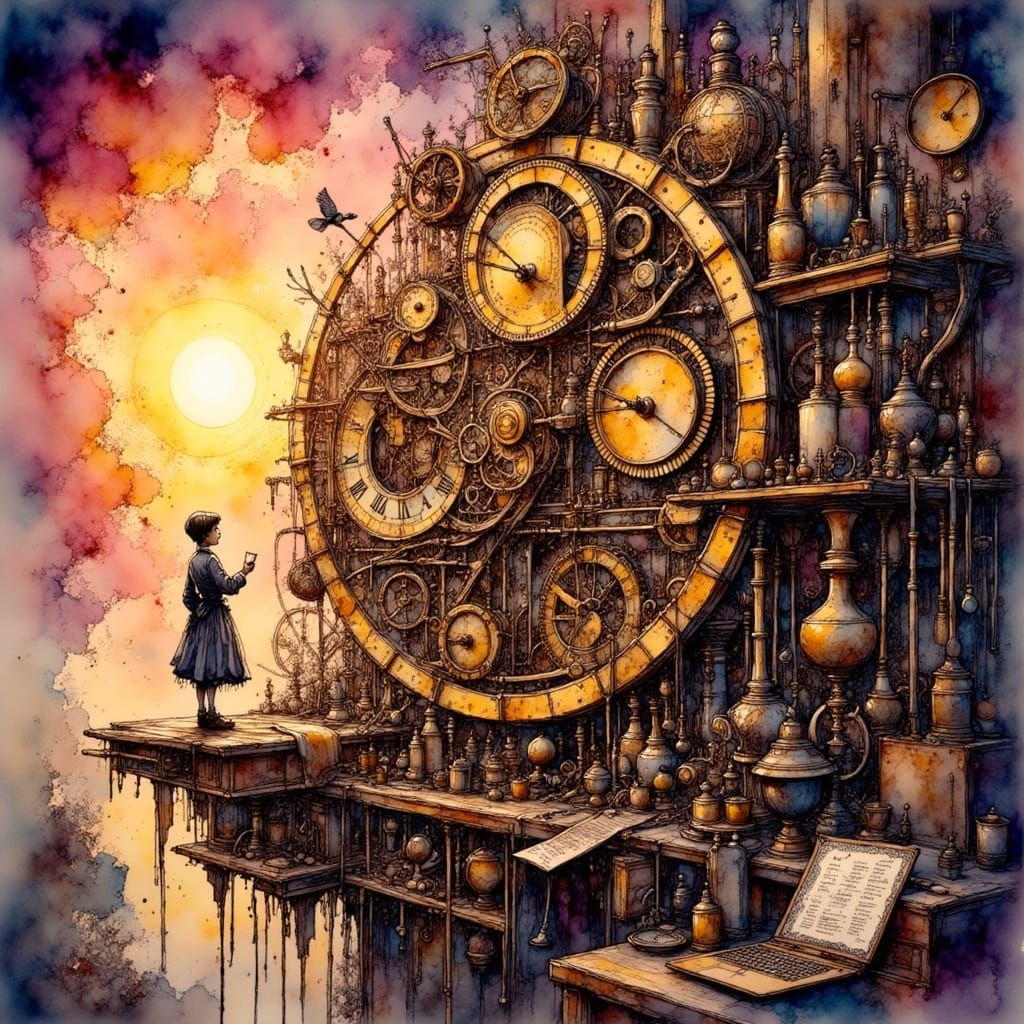 <lora:Ink Poet:1.0> Internal clock mechanisms gouache Gustave Doré color gradient academic art watercolor golden hour 3D shading fantastical...