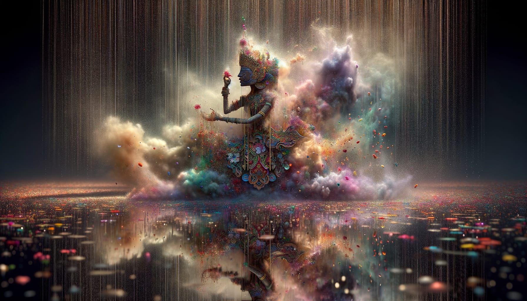 A lone Wayang figure dissolving in a dustwind-blurred vision,