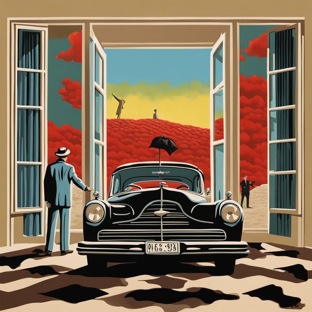 A scene from a Tarantino's movie drawn in Rene Magritte's st...