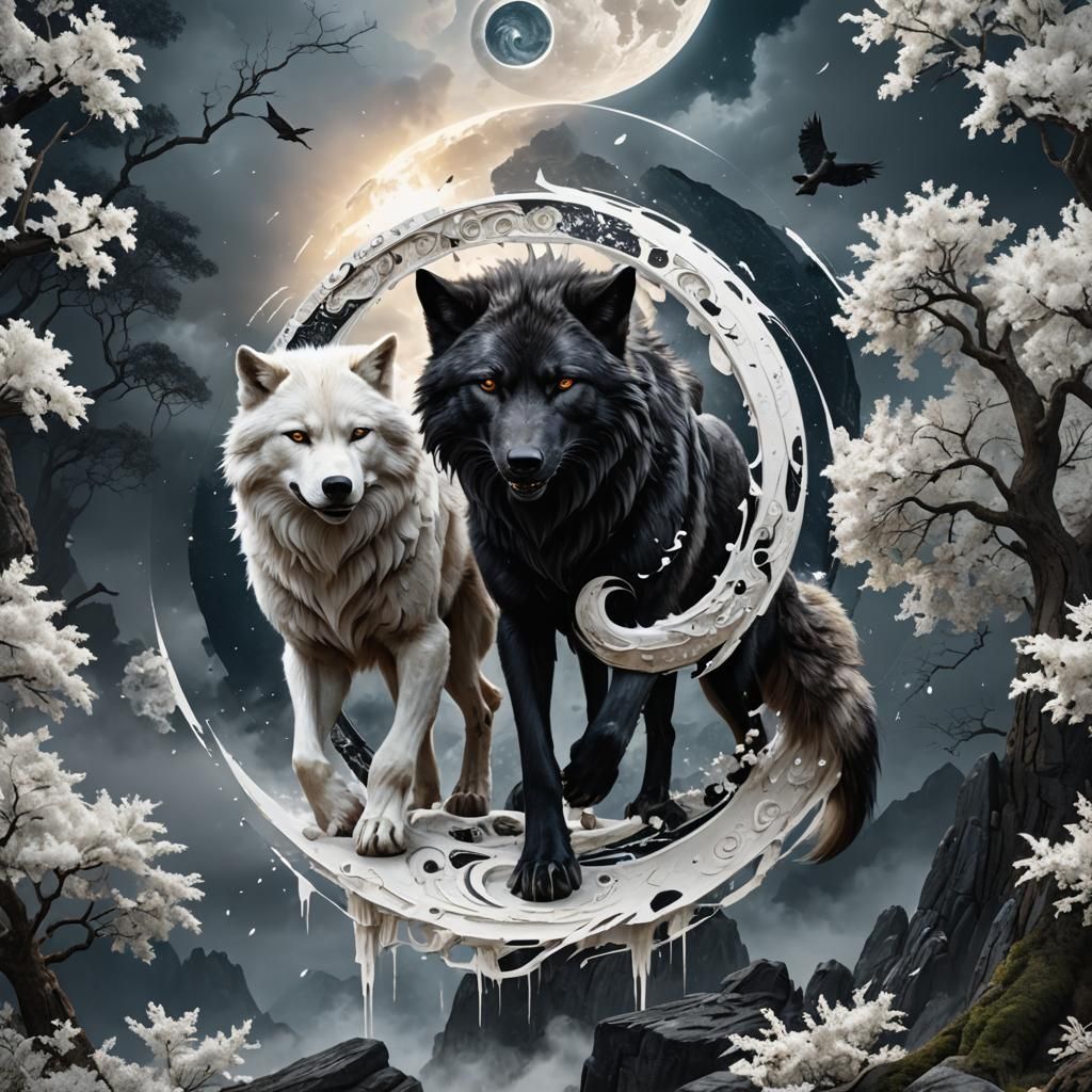 Duality of yin and yang represented with two majestic wolves, one white and one black  by @Tj