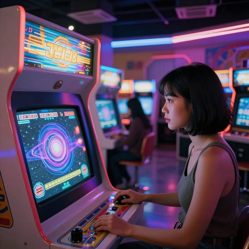 Woman Studies Galactic Portal in 80s Arcade