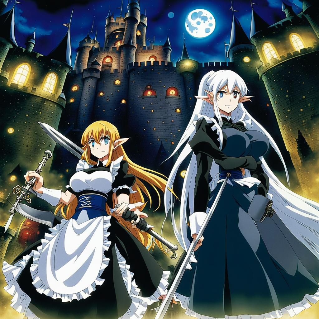 Two girl, different face,maid,elf,moon,star,no underwear, pretty, castle,  sword, by artist 