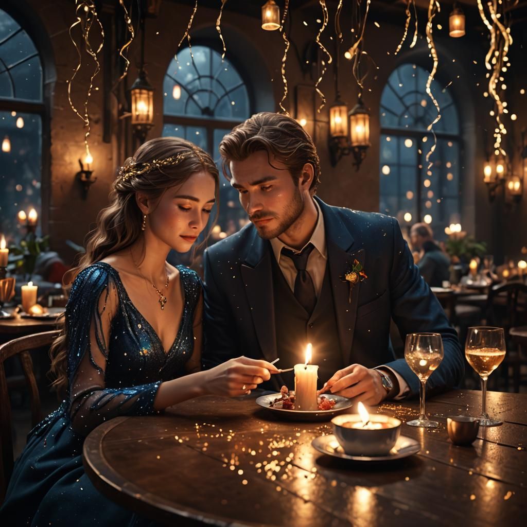Romantic scene between two lovers who are eating in a restaurant with sparkles around them. There is ...  by @Kotori