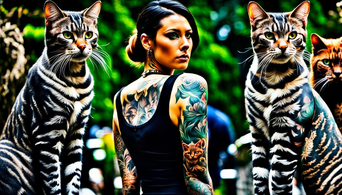A mid-shot of a beautiful girl with tattoos of many cats