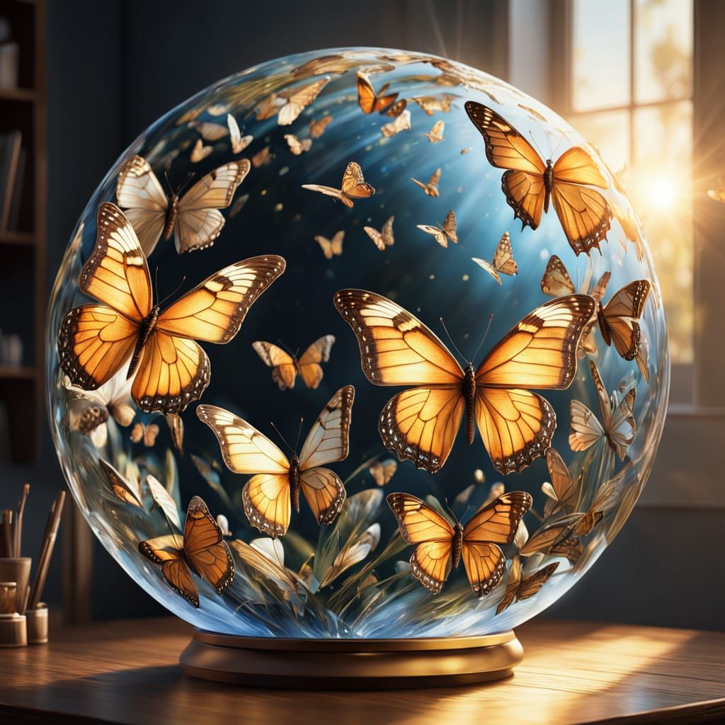 Surreal Butterflies Gathered in a Vibrant, Shimmering Globe