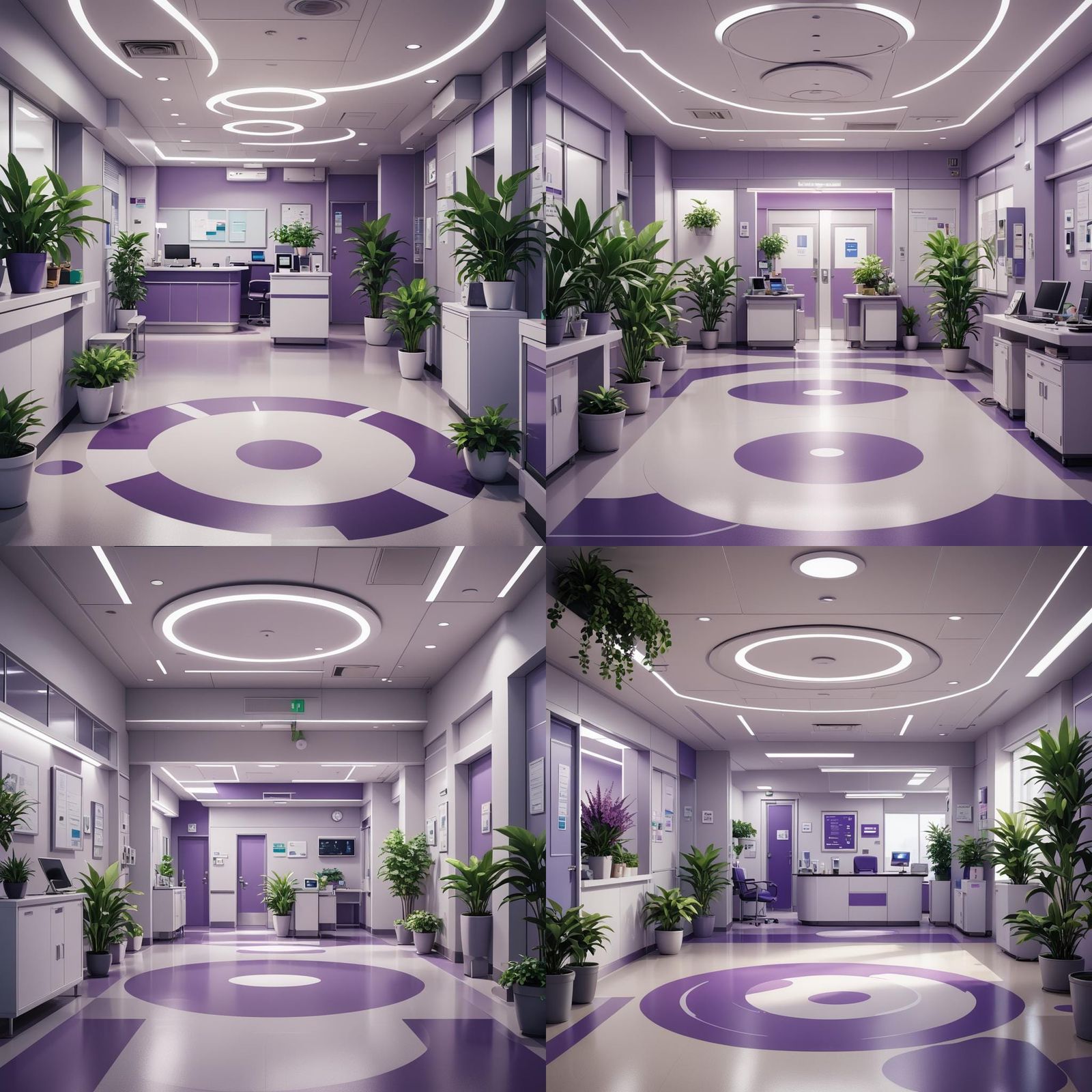 entrance to a hospital room with a front desk, white and pur...