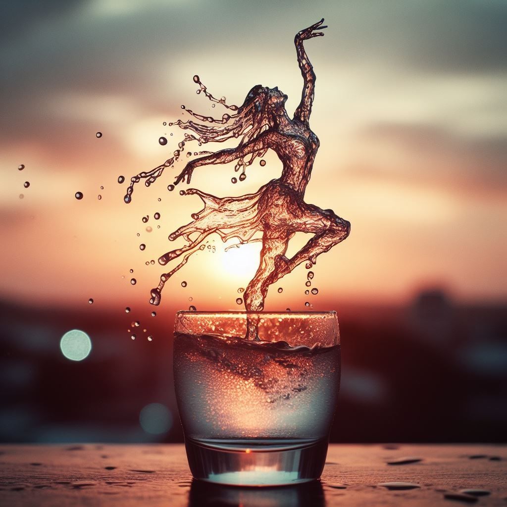 water in shape of a girl dancing on a glass full of water