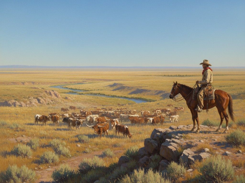 Sun, Scrub, and Longhorn Cattle