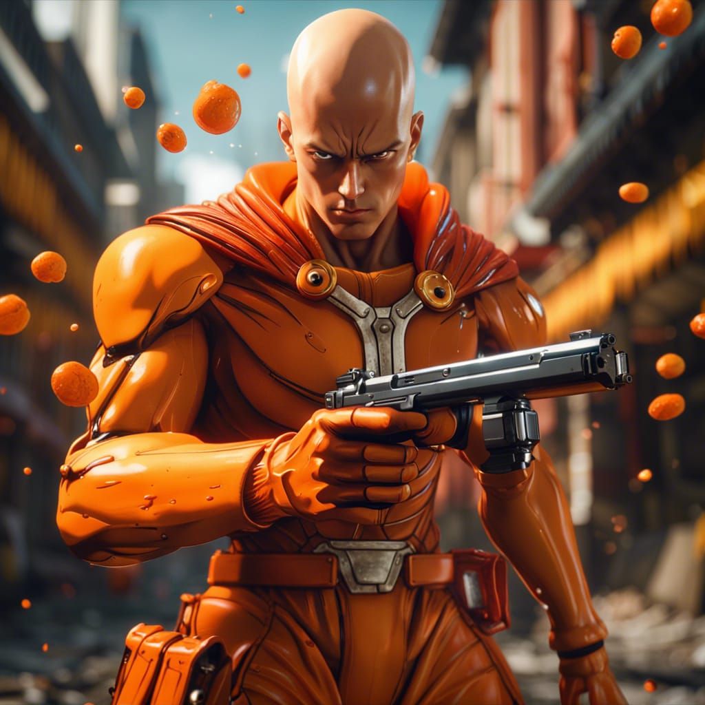 Handsome made up saitama using orange gum gum pistol