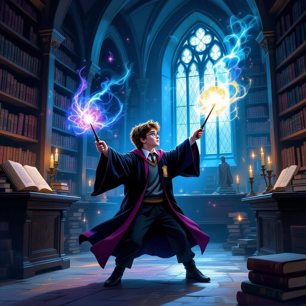 Young Wizard Casting Spell in Magical Library
