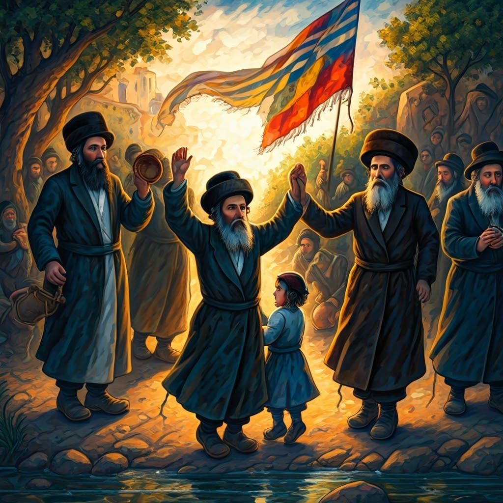 Joyful Hasidic Dance by River in Folk Art Style